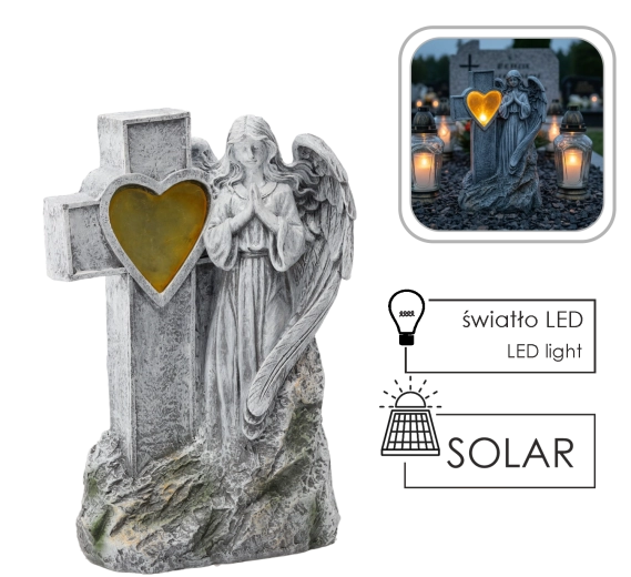 Figura anioła z krzyżem i sercem LED na zasilanie solarne 22,5 × 12 × 34 cm