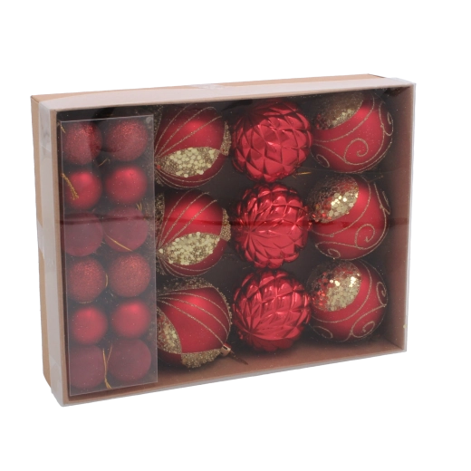 Zestaw 33 ozdób świątecznych w kolorach czerwonym, srebrnym i złotym