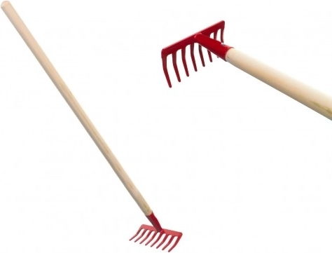 Dziecięce grabie ogrodowe z drewnianym trzonkiem – Czerwone