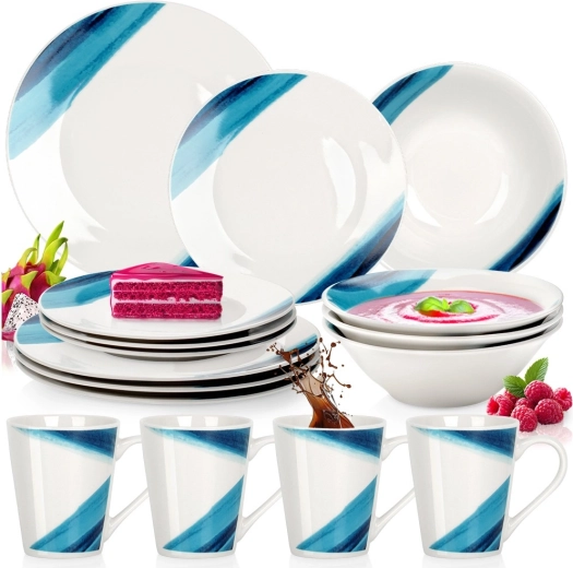 Porcelanowy zestaw obiadowy 16 szt. biały z niebieskim dekorem