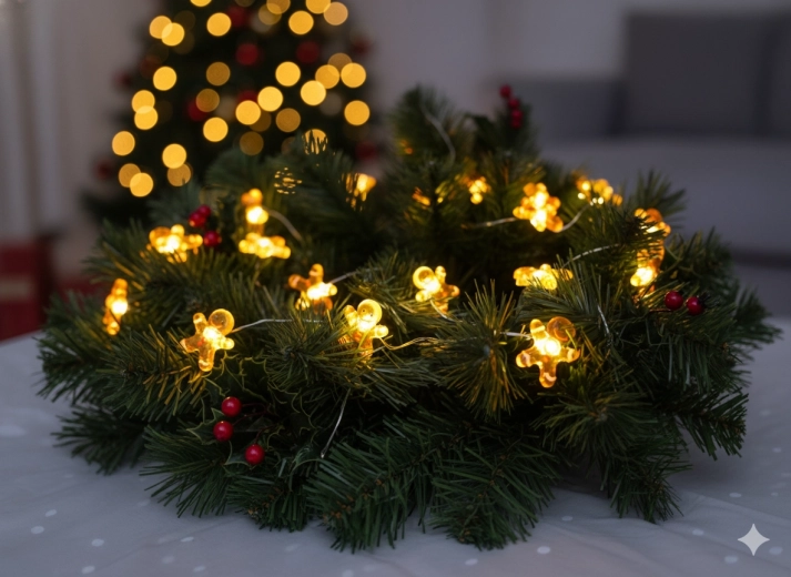 Świetlny łańcuch LED z ludzikami z piernika, 20 LED, na baterie