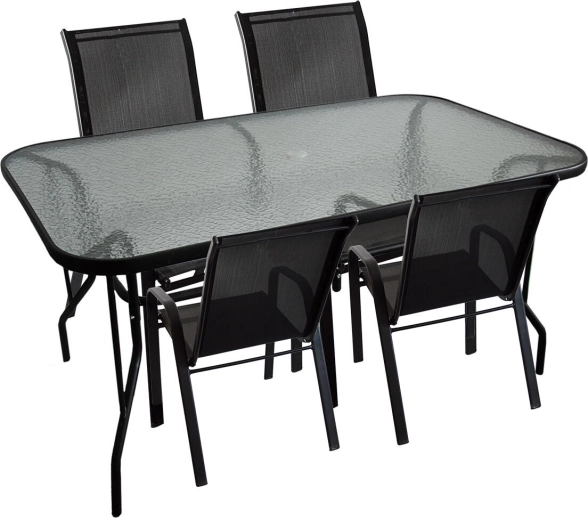 Zestaw jadalniany ogrodowy ze szklanym stołem i 4 krzesłami, stal i textilene, czarny