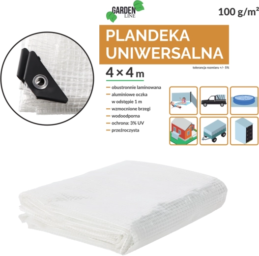 Przezroczysta wzmocniona plandeka 4 × 4 m, 100 g/m² z oczkami