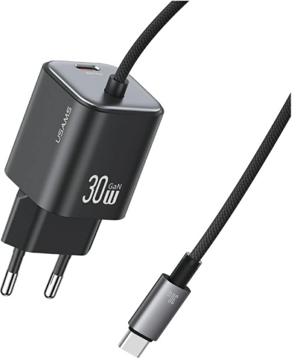 Usams JC Series CC264 sieciowa ładowarka GaN 30 W z wbudowanym kablem USB‑C (czarna)