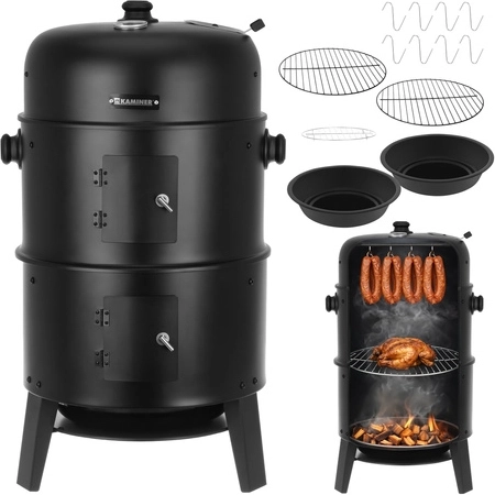 Ogrodowy węglowy grill i wędzarnia 3w1 z pokrywą i termometrem KAMINER