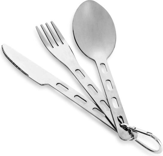 Turystyczny zestaw sztućców ze stali nierdzewnej z karabińczykiem, 3-częściowy