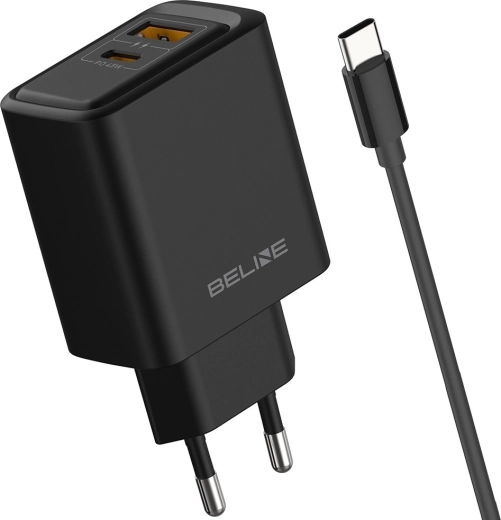 Ładowarka sieciowa Beline 45 W USB-A/USB-C z kablem GaN PD, czarna