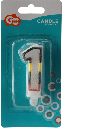 Świeczka urodzinowa cyfra 1 z brokatem, biała z kolorowym obrysem