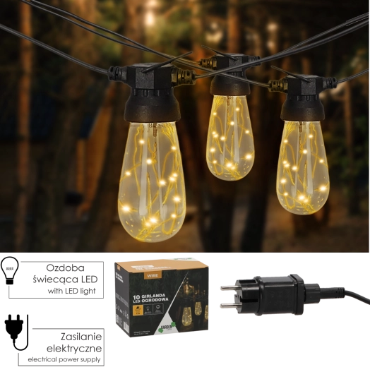 Ogrodowa świetlna girlanda 10 m, 10 LED, ciepła biel, IP44, 12 V z uchwytami