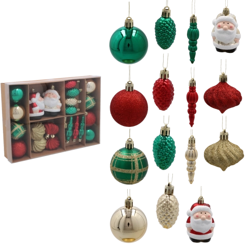 Zestaw 24 ozdób choinkowych w czerwieni, zieleni i złocie