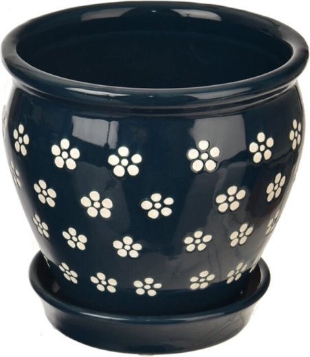 Ceramiczna osłonka na doniczkę z motywem kwiatuszka niebiesko-biała 15 × 15 × 14 cm