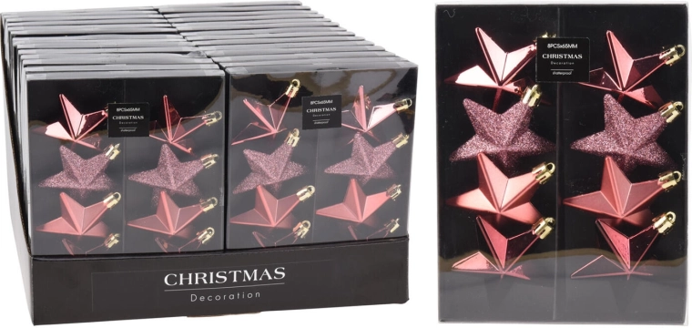 Świąteczne ozdoby gwiazdy 6,5 cm różowe, zestaw 8 szt.