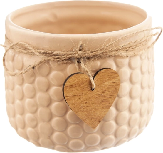Beżowa ceramiczna osłonka na doniczkę z drewnem 13 cm