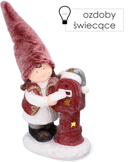 Świąteczna figurka dziewczynki w różowej czapce ze skrzynką na listy LED 45,5 cm