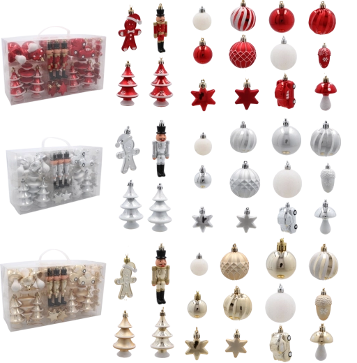 Zestaw 50 ozdób choinkowych w kolorze czerwonym, srebrnym i złotym