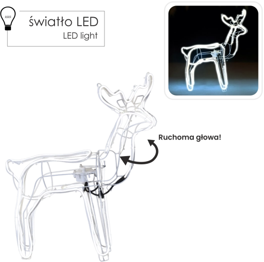 Świąteczny LED neonowy renifer z ruchomą głową, zimna biel, 70 cm