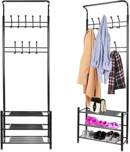Stojący wieszak na ubrania z półkami na buty