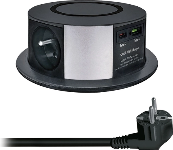 Solight wysuwany blok gniazd z 3 gniazdami, USB-A/USB-C PD 20 W i bezprzewodowym ładowaniem Qi 10 W, 2 m, czarny