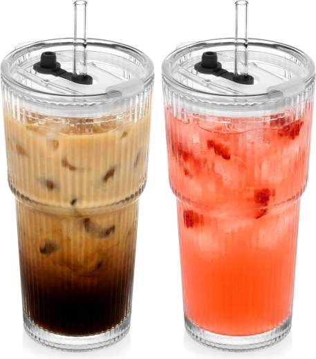 Szklane kubki typu tumbler z pokrywką i słomką 500 ml, zestaw 2 szt.