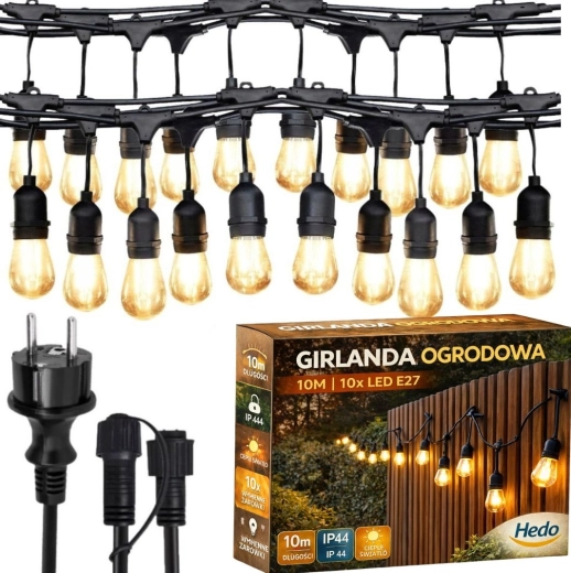 Zewnętrzna girlanda świetlna 10 m z 10 żarówkami LED E27, ciepła biel, IP44