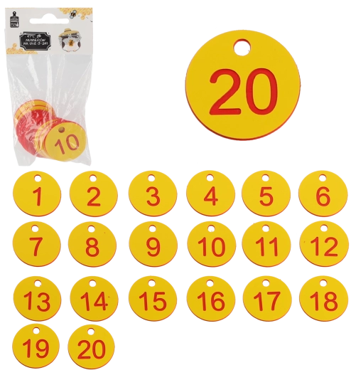 Zestaw numerów do uli 1–20, plastikowe żetony z otworem 3,5 cm
