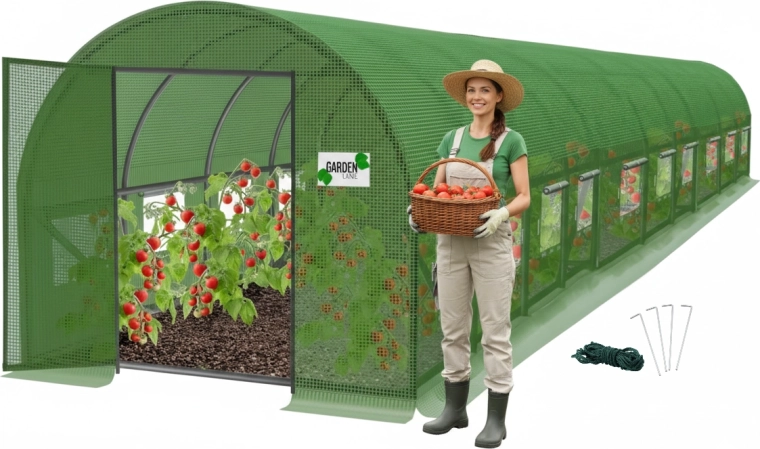 Tunel foliowy ogrodowy 10-segmentowy zielony 10 × 5 × 2 m z drzwiami skrzydłowymi