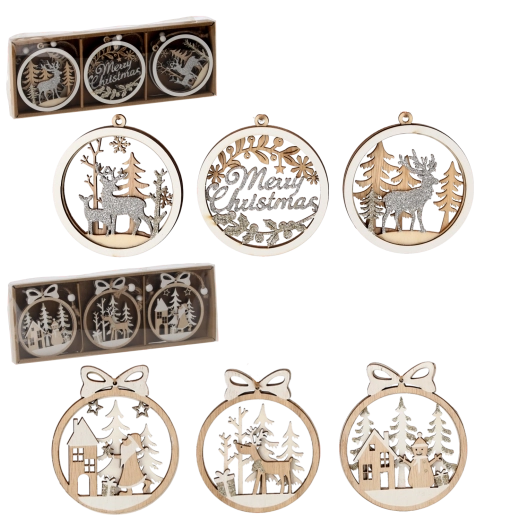 Zestaw drewnianych ozdób świątecznych – 6 sztuk