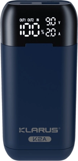 Klarus K2A 3w1 inteligentna podwójna ładowarka z uchwytem na baterie i powerbankiem, wyświetlacz LCD