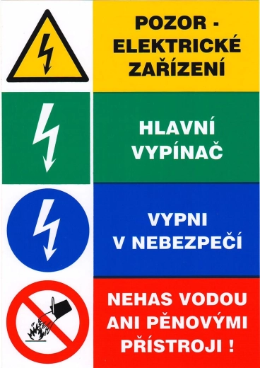 Naklejka bezpieczeństwa – uwaga urządzenie elektryczne, główny wyłącznik, wyłącz w niebezpieczeństwie, nie gasić wodą ani gaśnicami pianowymi 148 × 210 mm