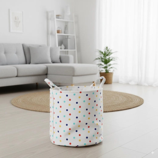 Tekstylny okrągły kosz na pranie i zabawki w kropki 25 × 30 cm