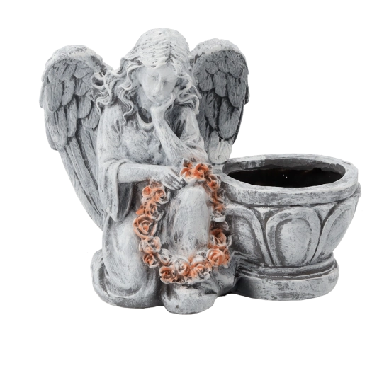Figurka klęczącego anioła z doniczką, szara, 23,5 × 12,5 × 20 cm