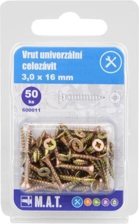 Uniwersalny wkręt z pełnym gwintem 3,0 × 16 mm, ocynk, 50 szt.