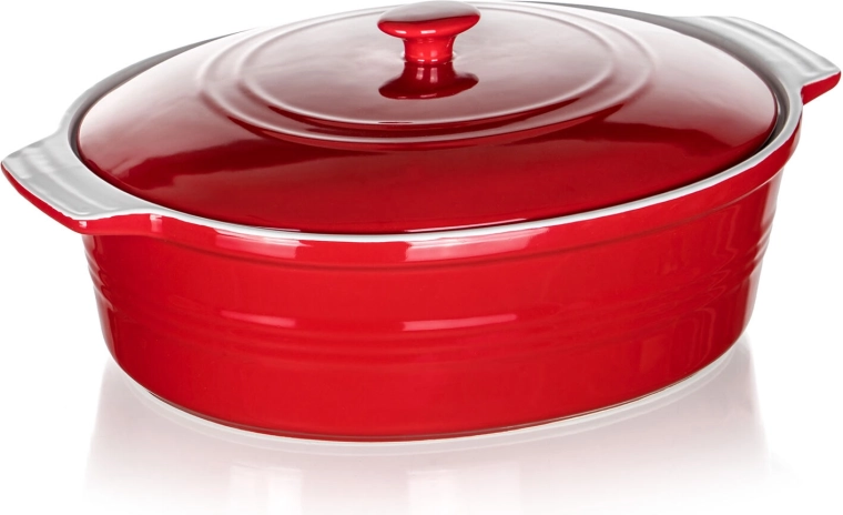 Ceramiczne naczynie do zapiekania z pokrywą CULINARIA, owalne 36,5 × 25 cm, czerwono/białe