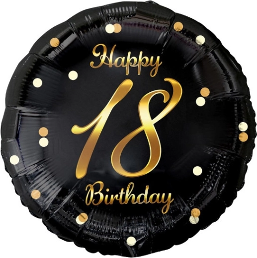Balon foliowy Happy 18th Birthday, czarny ze złotym nadrukiem