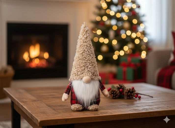 Świąteczny skrzat 30 cm w beżowo‑czerwonym