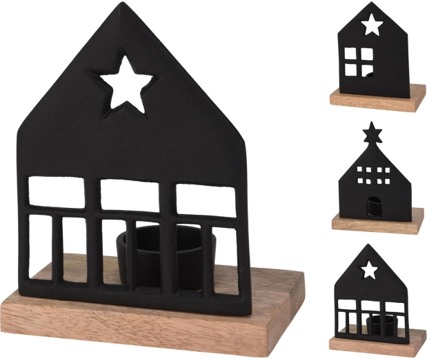 Dekoracyjny świecznik Domek na tealight z aluminium i drewna mango - 1 sztuka