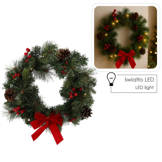 Wieniec bożonarodzeniowy z oświetleniem LED 40 cm – czerwony