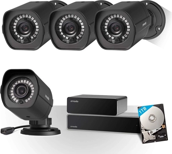 Zestaw systemu kamer Zmodo 4× 1080p z NVR i dyskiem 1 TB