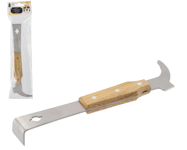 Dłuto pszczelarskie ze stali nierdzewnej z drewnianą rękojeścią i rozpierakiem 26 cm