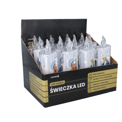 Świeca LED z motywem Matki Bożej 18 cm – mix wzorów (12 szt.)