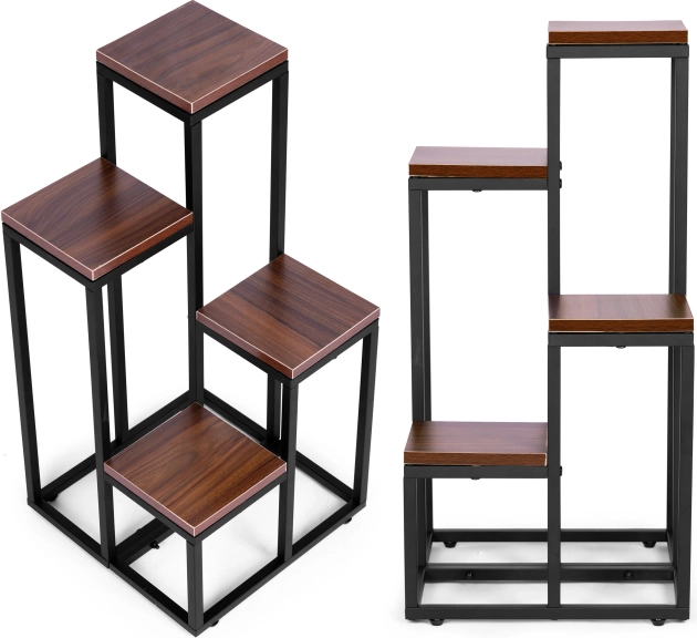 Stojak na rośliny z półkami ModernHome 4 poziomy, metal i MDF, ciemny orzech