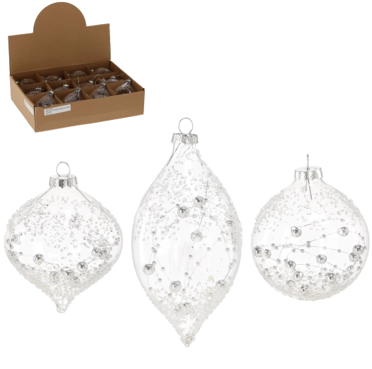 Szklana przezroczysta bombka choinkowa, mix wzorów