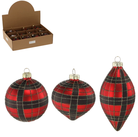 Szklana ozdoba świąteczna czerwona i czarna kratka – mix wzorów