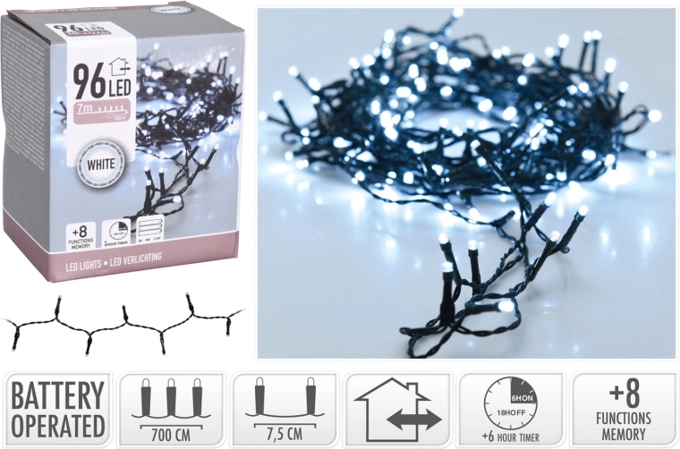 Świąteczne oświetlenie LED 7 m, 96 LED, zimna biel, 8 funkcji, z timerem