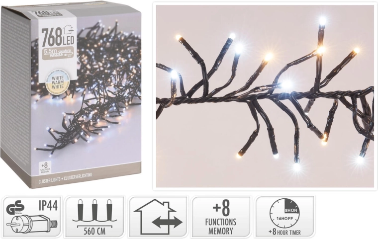 Świąteczny łańcuch świetlny LED 5,6 m, 768 LED, ciepła biel, 8 funkcji, IP44, z timerem – 1 szt.