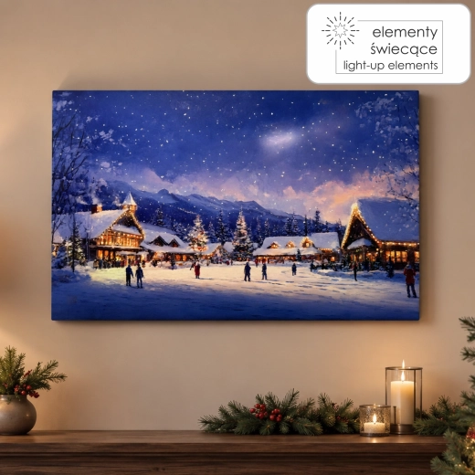 Obraz LED na płótnie zimowe miasteczko 60 × 40 × 3,2 cm