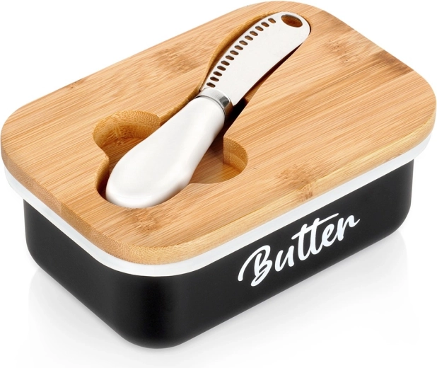 Maselniczka czarna z bambusową pokrywką i nożykiem Vilde