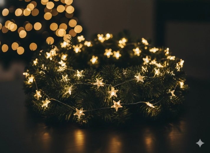 Świetlny łańcuch LED gwiazdki 20 świateł na baterie ze złotym zdobieniem