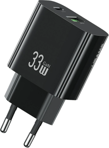 USAMS T65 33W GaN szybka ładowarka sieciowa z USB-C i USB-A (czarna)