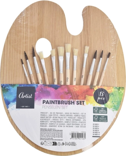 Drewniana paleta malarska z zestawem 12 pędzli, 25 × 31 cm